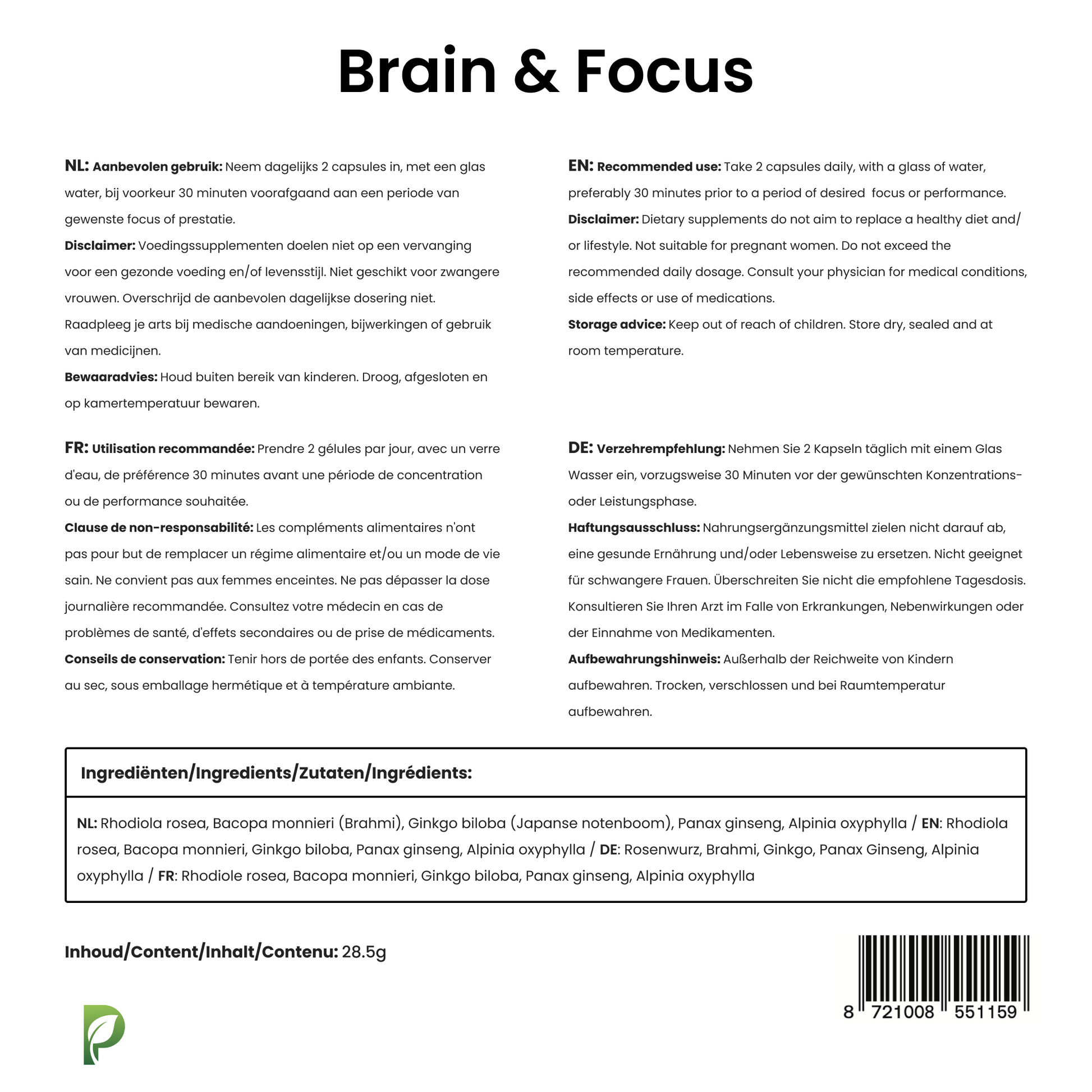 Brain & Focus - Nootropics – Mental Support - 60 capsules-Hairandnatureb2b